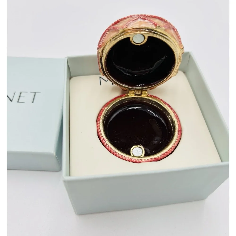 MONET Happy Birthday Cake Trinket Box Enamel Rhinestone Gold Tone w Gift Box